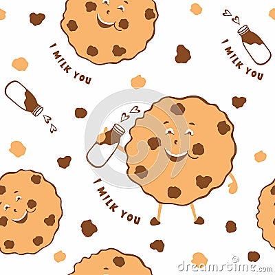 Vector seamless pattern smiling cookies with milk. Funny cute cookies with chocolate chips on a white background. Vector Illustration